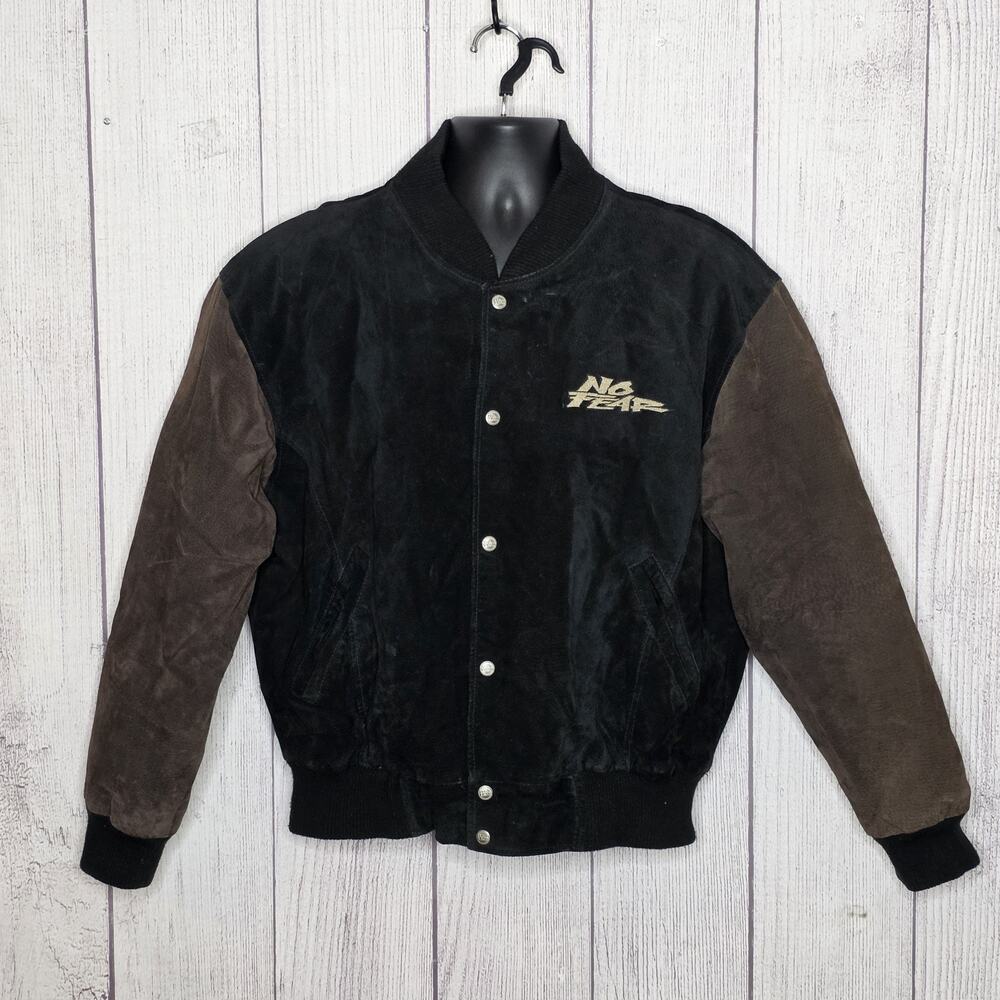 No Fear Leather Varsity Bomber Jacket Black Brown Logo Back, sz Large